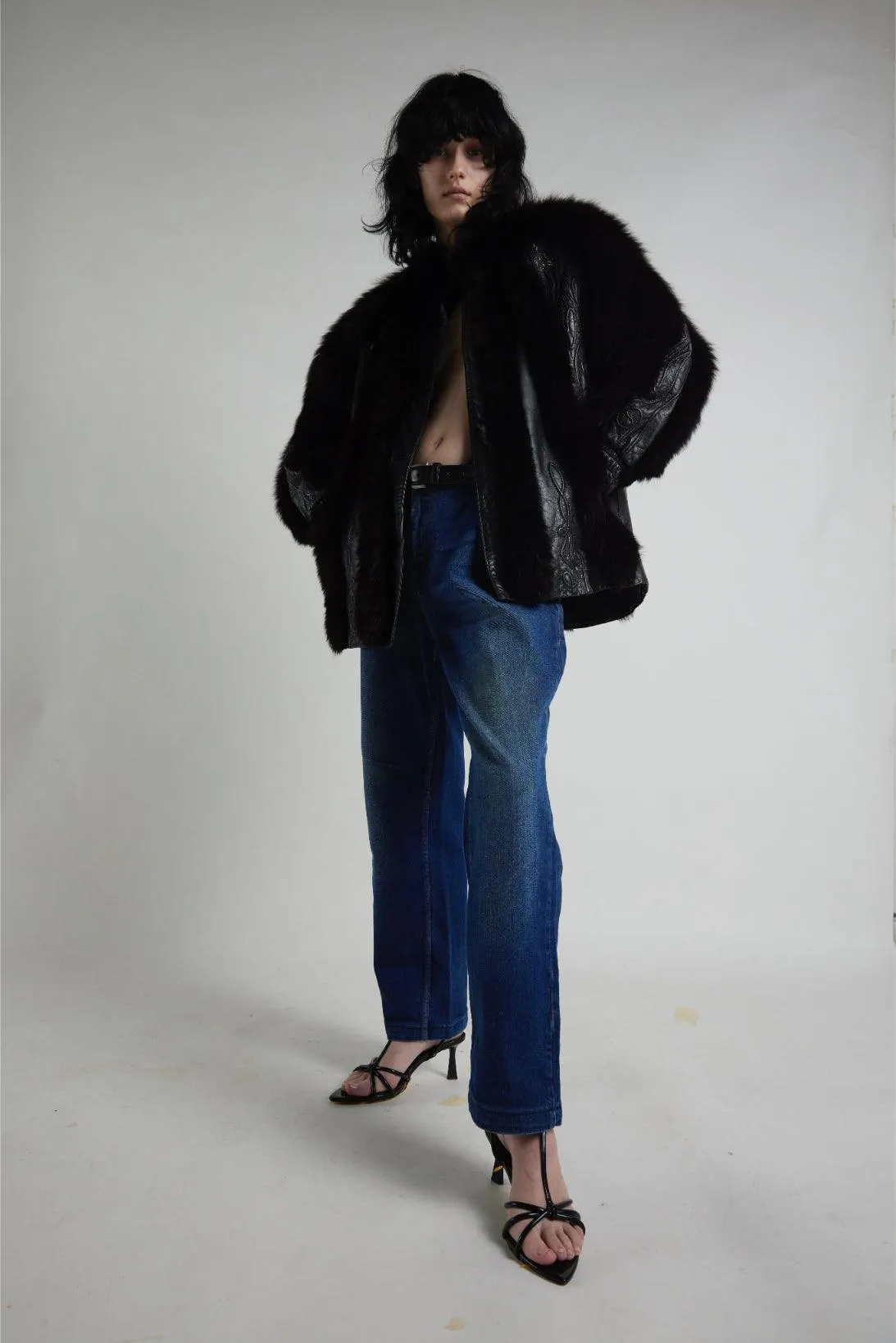 Vintage 1980s Black Leather Jacket With Fur Details