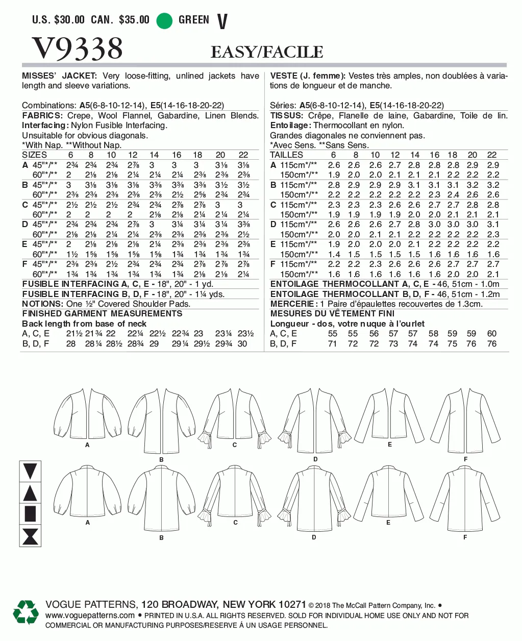 Vogue Pattern V9338 Misses' Jacket