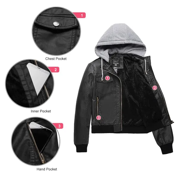 Women's Hooded Faux Leather Jacket Moto Biker Jacket